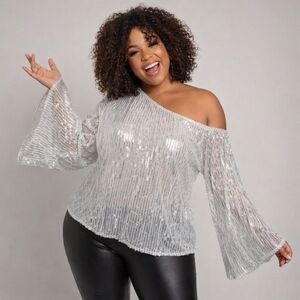 SHINEVAN Size XL White Mesh with Silver Sequins Drop Shoulder Blouse Top NWT